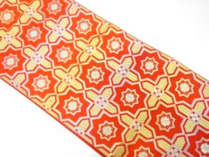 変わり格子に花模様織り出し　名古屋帯